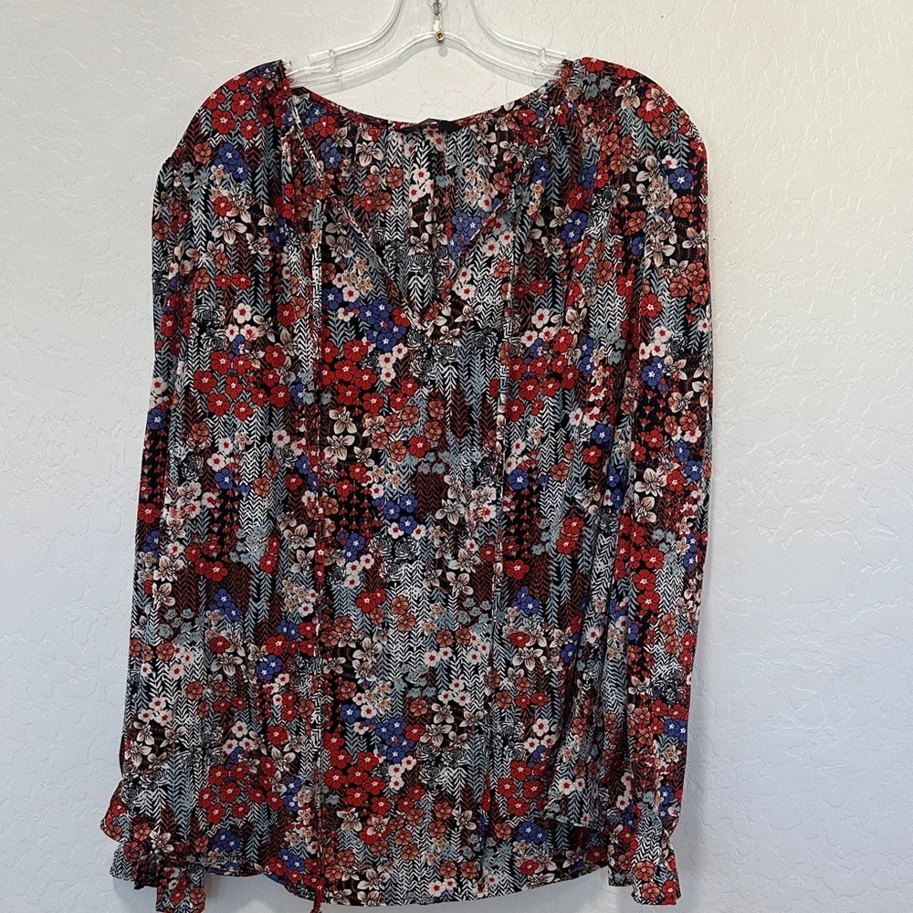 Floral Print Women's Top plus size 2XL floral red multi black blouse long sleeve